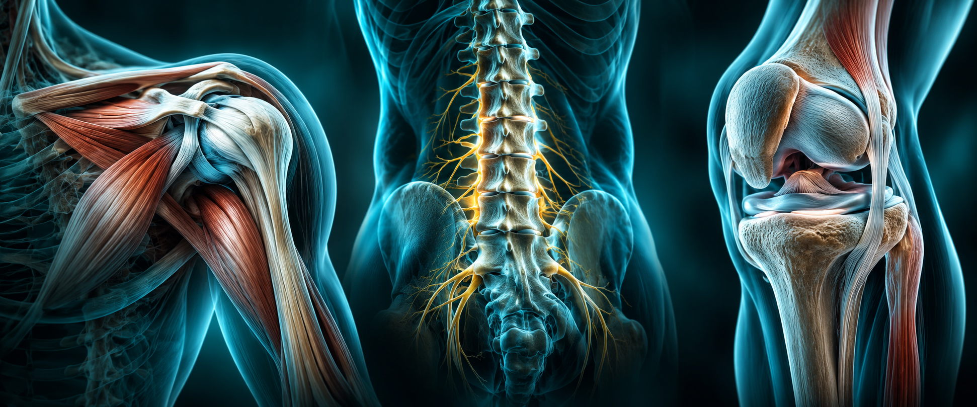 Anatomical views of shoulder, spine and knee